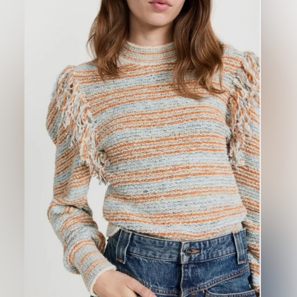 Ulla Johnson Orange And Blue Arquette Fringed Striped Sweater In Lily Size Small - Picture 3 of 14